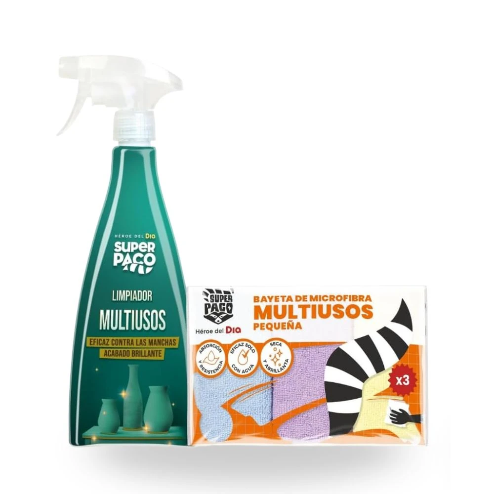 Super Paco Pack limpiador multiusos spray 600 ml + 3 bayetas microfibra
