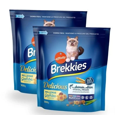 [DIA813] Pack 2 Brekkies Delicious Alimento para gatos con salmón y atún rellenas de gamba, bolsa 900 g